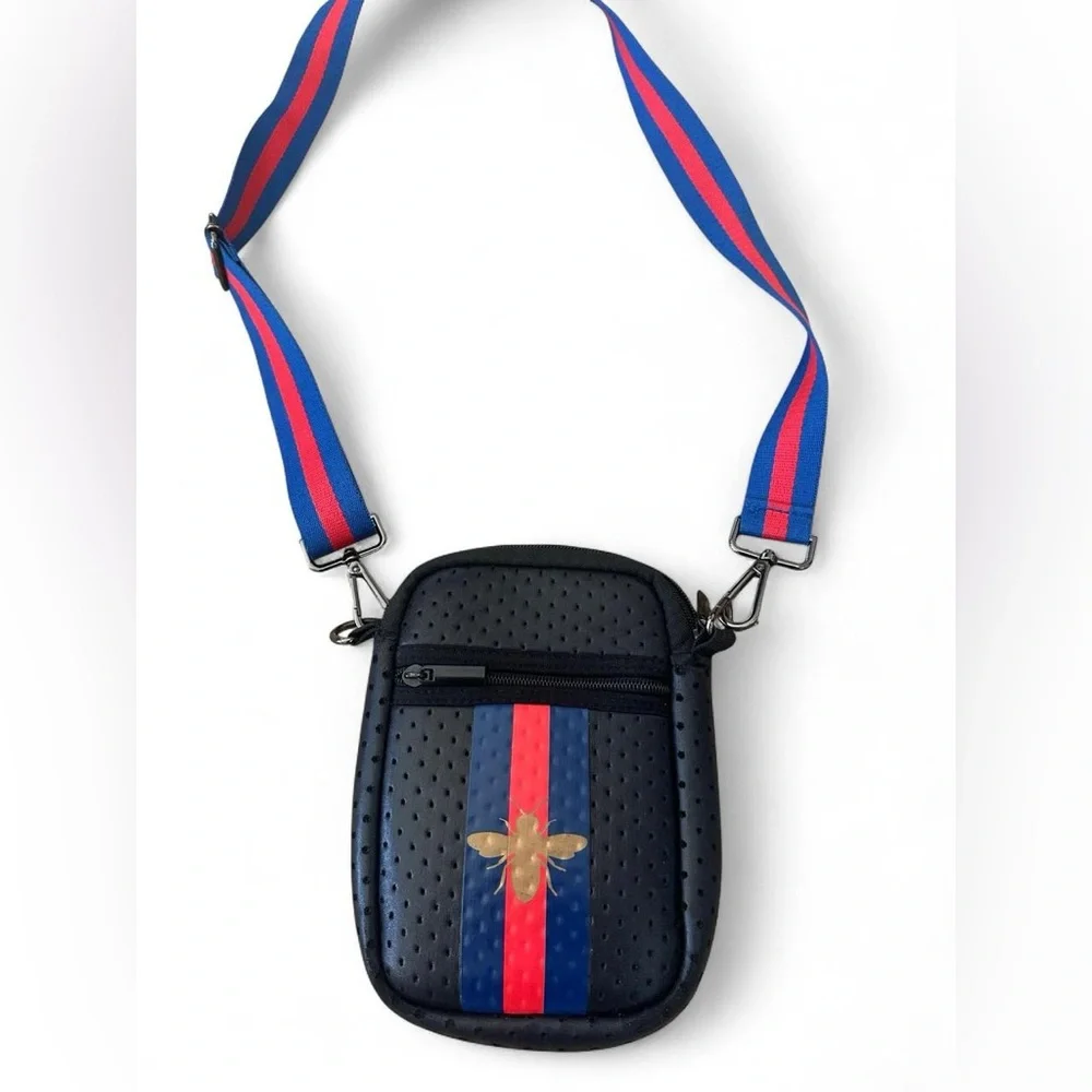 Parker & Hyde Queen Bee Crossbody Bag – Navy Perforated w/ Stripe Strap